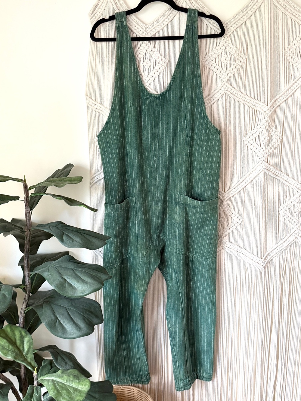 We the Free High Roller Mineral Wash Green Pinstripe Overall Jumpsuit M - Picture 2 of 16